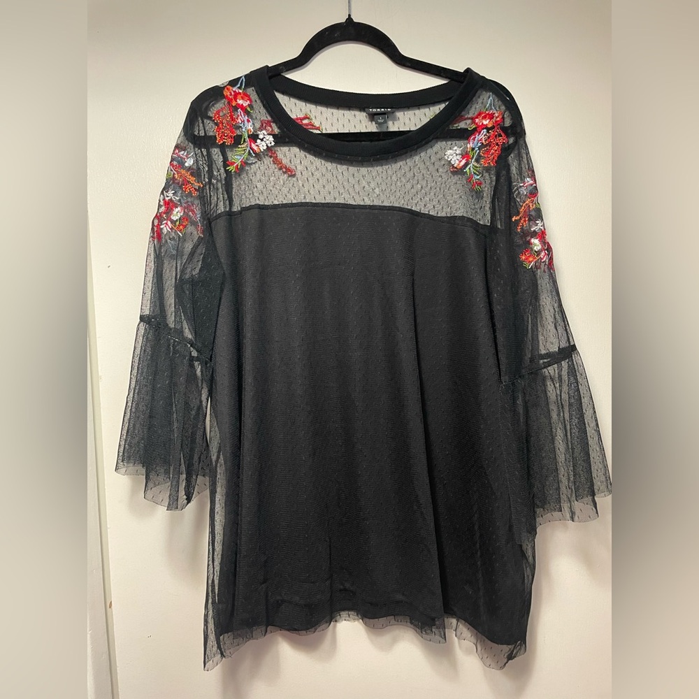 Torrid Black Sheer Top with Red Floral Embroidery